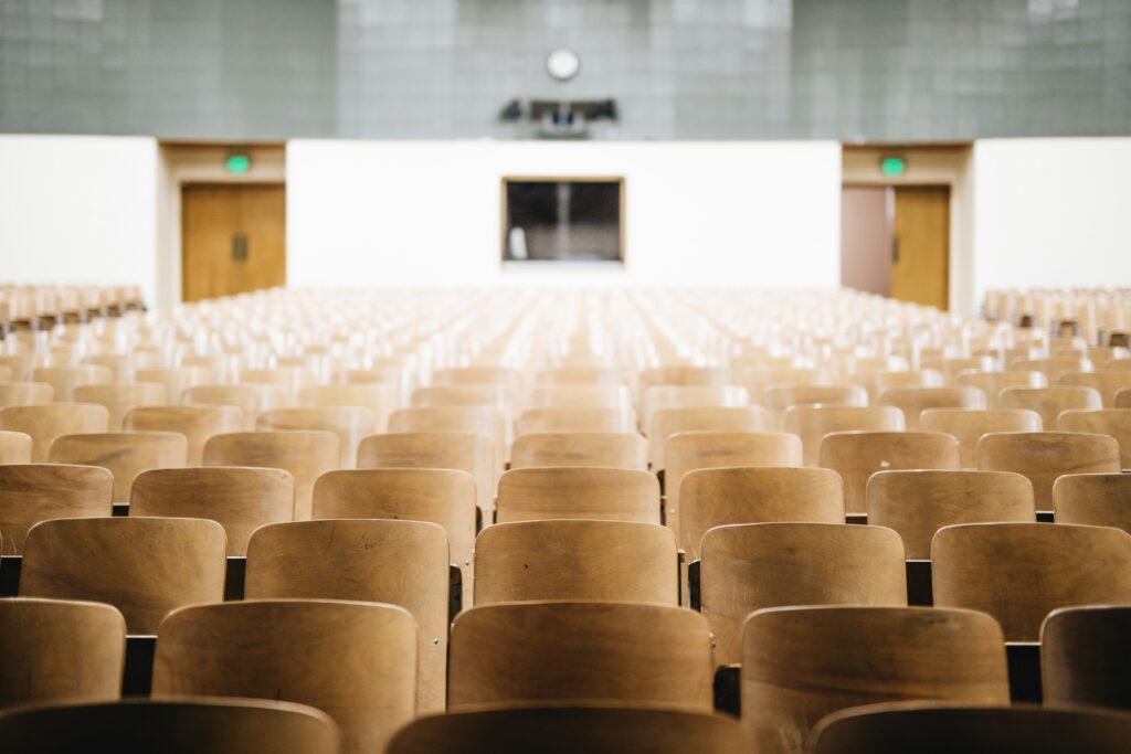 A row of chairs in a lecture hall